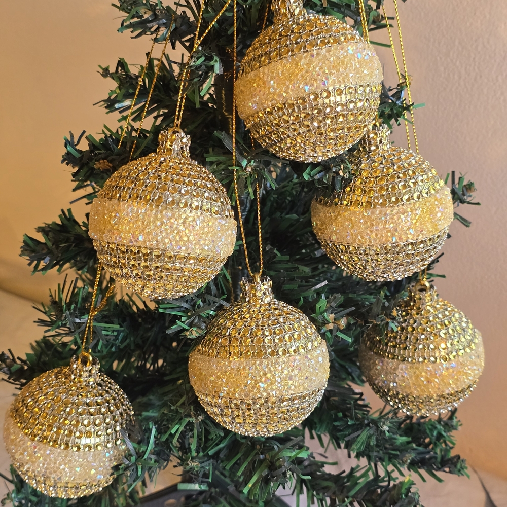Elegant Gold Beaded Holiday Ornaments 6 New Pieces 2.6 Inch Handmade